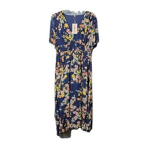 NWT Galocmo Womens Navy Floral Dress Smocking Front & Back Flowy Size XL SUMMER